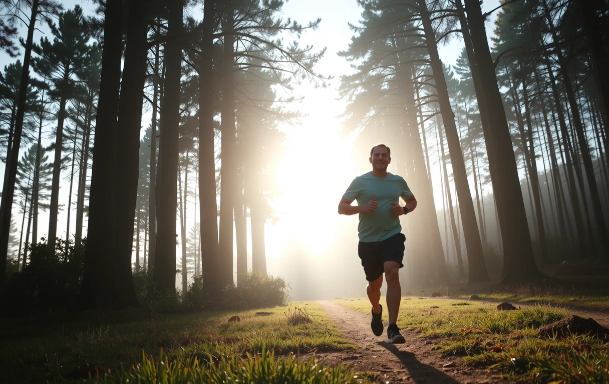 Homme courant dans la nature au lever du soleil